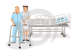 Nurse helping senior man to walk around the hospital