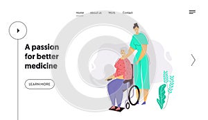 Nurse Helps Senior Woman on Wheelchair Landing Page. Old Desabled People Character in Nursing Home. Social Worker