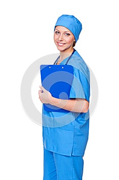 Nurse holding clip board and smiling