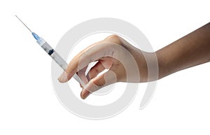 Nurse holding medical injection in hand. Vaccination equipment with needle.  Health care and vaccination concept.