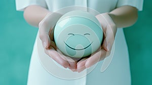 Nurse holding smiling ball in her hands, positive assessment and customer satisfaction concept