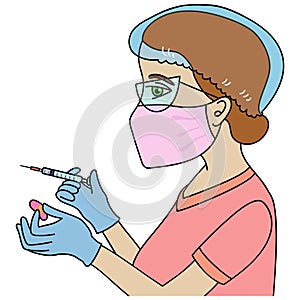 Nurse holding a Syringe and an adhesive bandage. Vaccination