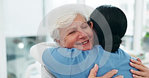 Nurse hug old woman patient, support and elderly care with health and help, trust and retirement. Female people embrace