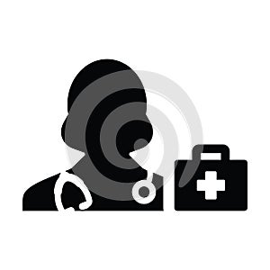 Nurse icon vector female person profie avatar with Stethoscope and first aid kit bag for medical Consultation