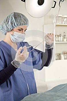 Nurse injecting with syringe into iv tube photo