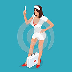 nurse. Isometric people. Beautiful young nurse in uniform holding syringe while standing isolated on blue