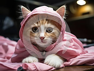 Nurse kitten playfully wrapped in bandages