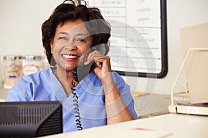 Nurse Making Phone Call At Nurses Station