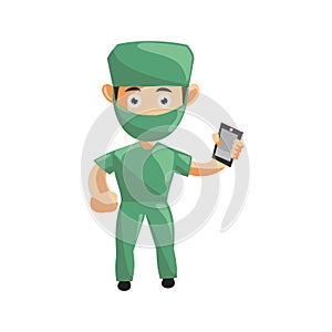 Nurse Man hospital character clothes healthcare mascot Hold Phone