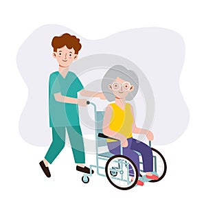 Nurse man on a walk with disabled grandmother in a wheelchair. Caring for elderly. Old woman Patient. Medicine staff. Healthcare