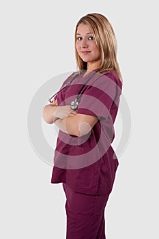 Nurse in maroon Scrubs