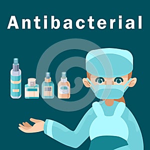 Nurse in mask with antibacterial text with antiseptics on blue backdrop.
