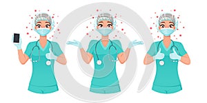 Nurse in mask, cap and gloves shows smartphone screen, thumbs up, shrugs. Protection from coronavirus. Vector set.