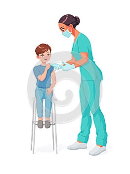 Nurse in mask vaccinating young kid. Vector illustration.