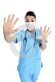 Nurse in a medical mask. Virus, corona virus. protection. Sterile equipment for the medical and beauty in