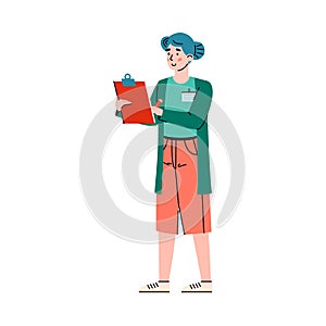 Nurse or medician makes notes in clipboard, cartoon vector illustration isolated.