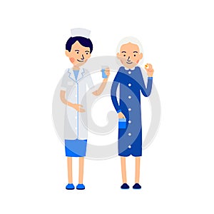 Nurse offers sick water to drink pill. Nurse and sick elderly woman. Taking medications. Illustration of people characters