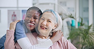 Nurse, old woman and hug in portrait, elderly care and happiness with wellness, retirement home and health. Support