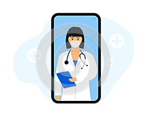 Nurse online consultation in mobile app with female doctor through phone screen. Medical online clinic, medicine and medical