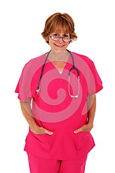 Nurse In Pink Scrubs Standing With Glasses On