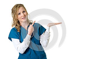 Nurse pointing to blank space