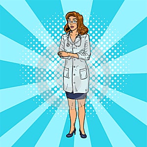 Nurse Pop Art. Beautiful and smart medical woman. Comic doctor home care.