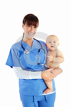 Nurse, portrait and woman with baby in studio isolated on white background. Face, healthcare and happy medical