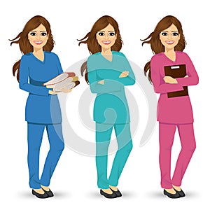 Nurse posing in three different color scrubs uniform photo