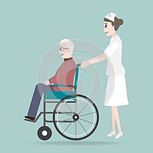 Nurse pushing wheelchair of elder man illustration, medical care