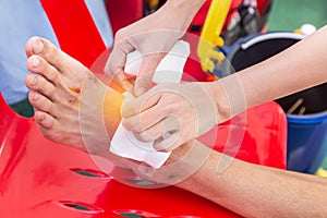 Nurse receiving first aid bleeding wound or bruised wound injury