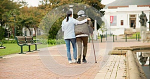 Nurse, relax and park with old woman and walking stick for retirement, elderly care and physical therapy. Trust, medical