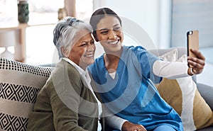 Nurse, selfie or happy old woman in nursing home with smile or happiness for profile pictures or retirement. Women
