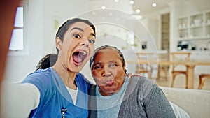 Nurse, selfie or mature happy woman, patient or people post memory photo to social media app in nursing home. Caregiver