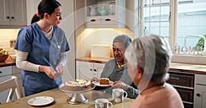 Nurse, senior couple and cake in retirement for celebration, party and birthday with tea in home. Elderly man, women and