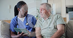 Nurse, senior man and sofa with tablet for talking, report and advice with care, kindness or support for wellness