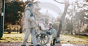 Nurse, senior woman and wheelchair in park with man, dog or walking in morning sunshine with conversation. Caregiver