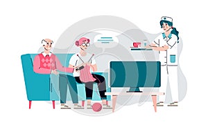Nurse serving food to nursing home residents, flat vector illustration isolated.