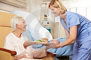 Nurse Serving Meal To Senior Female Patient Sitting In Chair