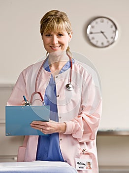 Nurse with stethoscope and medical chart