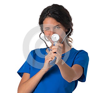 Nurse with stethoscope on white