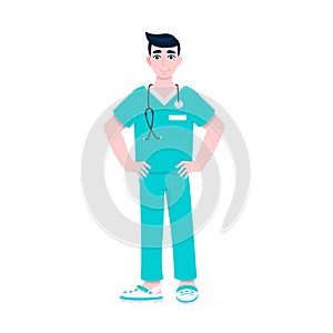 Nurse or surgeon doctor standing with stethoscope flat style design vector illustration