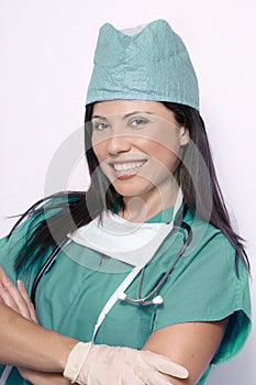 Nurse or surgeon in teal uniform