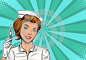 Nurse with a syringe for vaccination. Medicine and health care. Pop art retro vector illustration