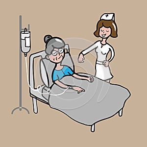 Nurse takes care of old woman cartoon drawing
