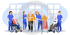 Nurse taking care about seniors people in hospital. Vector flat cartoon illustration
