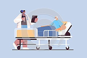 nurse taking care of sick senior man patient lying in hospital bed care service concept