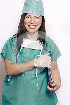 Nurse in teal hospital uniform
