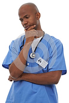 Nurse, thinking and man with a question in medicine or healthcare in white background of studio. Frustrated, surgeon or