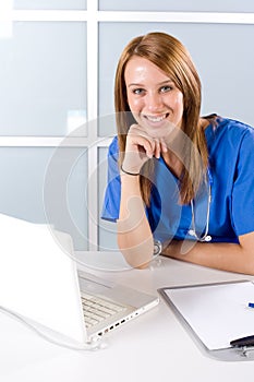 Nurse thinking in a modern office