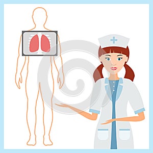 Nurse in uniform offers to do Fluorography of the lungs. Vector